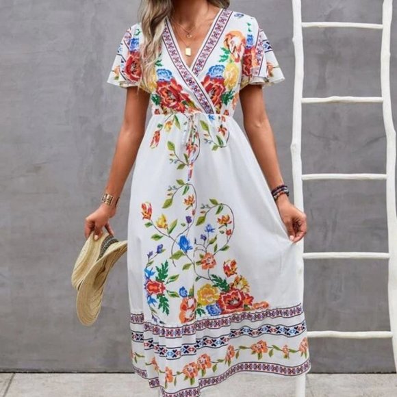 Overlap Collar Flutter Sleeves Tied Front Floral Midi Dress white - Picture 2 of 5